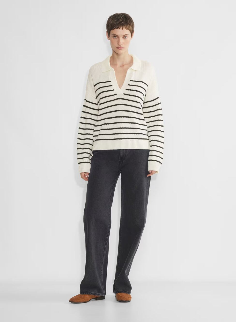 Aritzia Wilfred Polo Sweater Women's Size Small Cream/Navy Striped Merino Wool